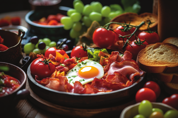 A rustic breakfast spread featuring a sunny-side-up egg in the center surrounded by crispy bacon strips. The dish is garnished with chopped green onions, and diced tomatoes. Accompaniments include fresh grape clusters, cherry tomatoes on the vine, toasted bread slices, and a bowl of mixed olives. The meal is presented on a dark wooden table, creating a warm, hearty ambiance.